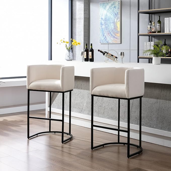 Modern Counter Height Linen Upholstered Bar Stools Set of 2, 32" Kitchen Counter Island Stools Bar Chairs with Black Metal Frame for Kitchen Island, Cream