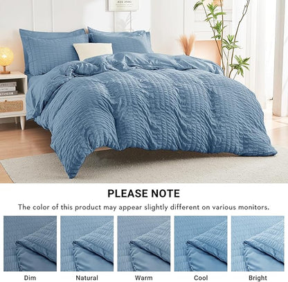 HYMOKEGE Mineral Blue Twin XL Comforter Set Seersucker 5 Pieces, All Season Luxury Bed in a Bag for Bedroom, Bedding Set with Comforter, Sheets, Pillowcase & Sham