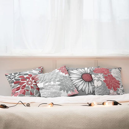 Ambesonne Floral Throw Pillow Cushion Case Pack of 4, Flower Petals Modern Color Palette Chamomile Peony Dahlia and Sunflower Print, Modern Accent Double-Sided Digital Printing, 20", Dark Coral Grey