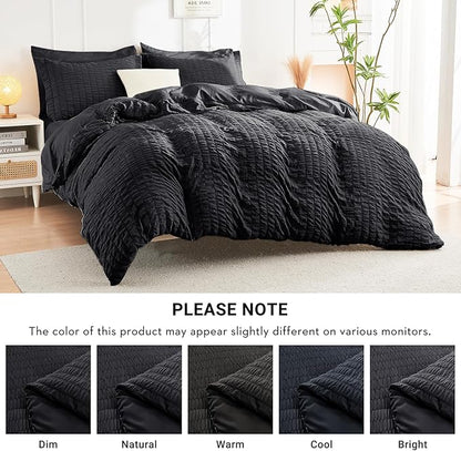 HYMOKEGE Black Twin Comforter Set Seersucker 5 Pieces, All Season Luxury Bed in a Bag for Bedroom, Bedding Set with Comforters, Sheets, Pillowcase & Sham