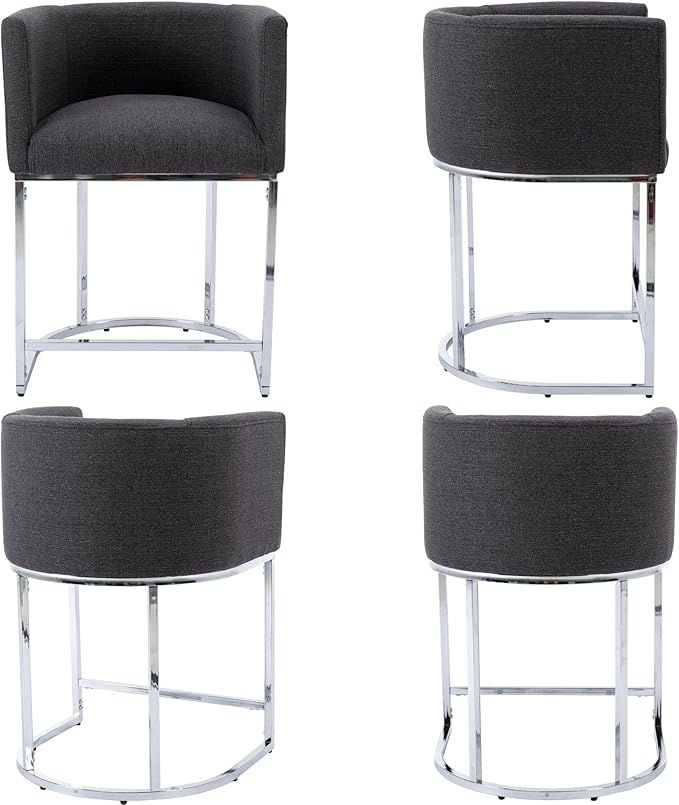 Modern Counter Height Linen Upholstered Bar Stools Set of 4, 24" Kitchen Counter Island Stools Bar Chairs with Chrome Finish Metal Frame for Kitchen Island, Charcoal