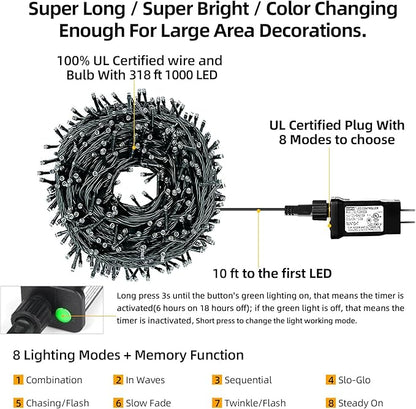 1000 LED 328ft 8 Modes with Timer Christmas String Lights IP55 Outdoor Waterproof UL Certificated Indoor Fairy Lights Garden Patio Wedding Christma Trees Parties Decoration Multicolor