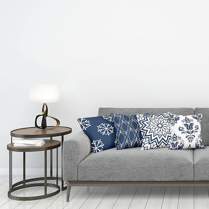 Ambesonne Retro Throw Pillow Cushion Case Pack of 4, Trellis Grid Medieval Floral Damask Mandala Flower Ornament in Modern Monochrome, Modern Accent Double-Sided Digital Printing, 24", Dark Sky Blue