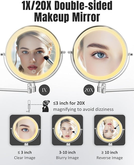 Wall Mounted Makeup Mirror with Light, 20X/1X 8'' Double Sided LED Magnifying Bathroom Lighted Vanity Mirror with Magnification, 3 Color Light up Touch Dimmable Extended Arm 360 Rotation
