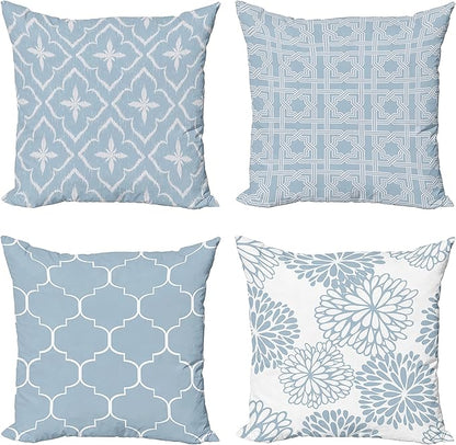 Ambesonne Vintage Throw Pillow Cushion Case Pack of 4, Monochrome Design Grid Trellis Quatrefoil Mesh and Dahlia Flowers Modern, Modern Accent Double-Sided Digital Printing, 20", Pale Cadet Blue White