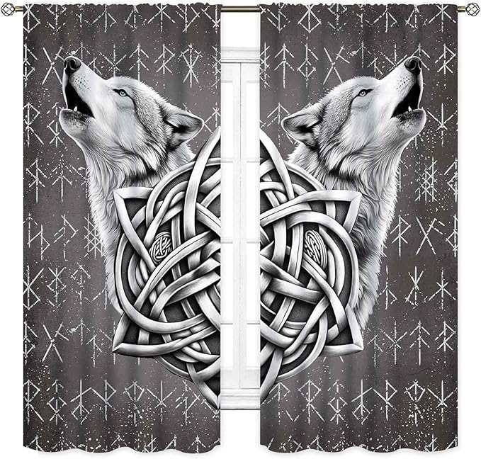 Viking Curtains, Gothic Nordic Wolf Celtic Rune Scandinavian Viking Runes Norse Mythology Aesthetic Retro Drapery for Bedroom Living Room Bathroom Window 2 Panel Set, 84"x84" Inch