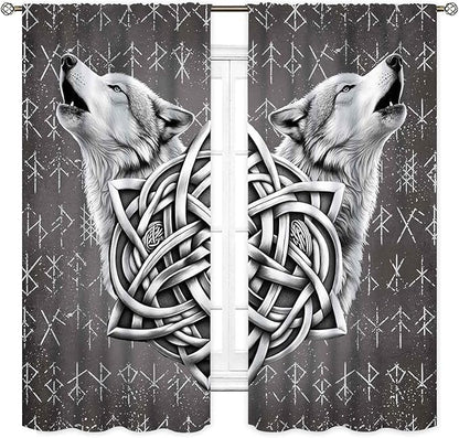 Viking Curtains, Gothic Nordic Wolf Celtic Rune Scandinavian Viking Runes Norse Mythology Aesthetic Retro Drapery for Bedroom Living Room Bathroom Window 2 Panel Set, 42"x54" Inch