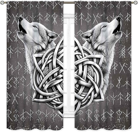 Viking Curtains, Gothic Nordic Wolf Celtic Rune Scandinavian Viking Runes Norse Mythology Aesthetic Retro Drapery for Bedroom Living Room Bathroom Window 2 Panel Set, 42"x45" Inch