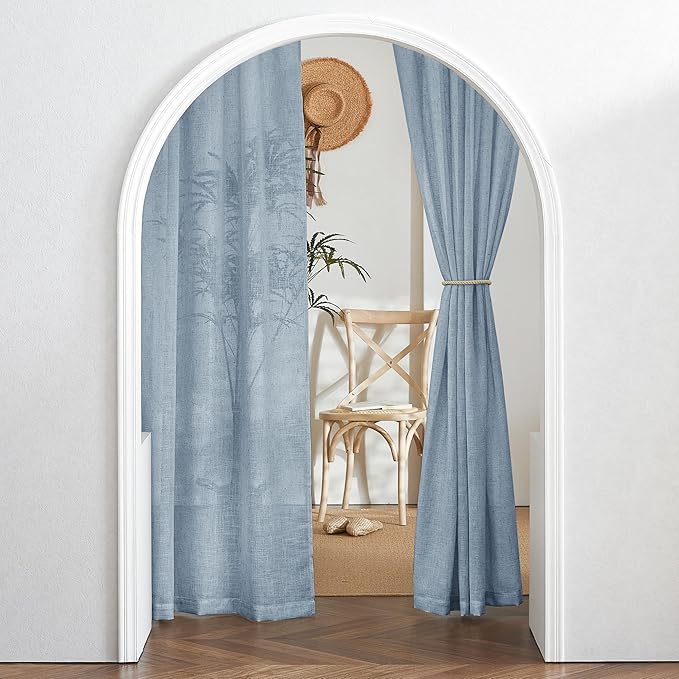 RYB HOME Linen Texture Curtains for Short Window Treatments, Semi Transparent Breathable Fabric Lightweight for Kitchen Bathroom Bedroom, W 52 x L 36 inches, Dusty Blue, 2 Panels