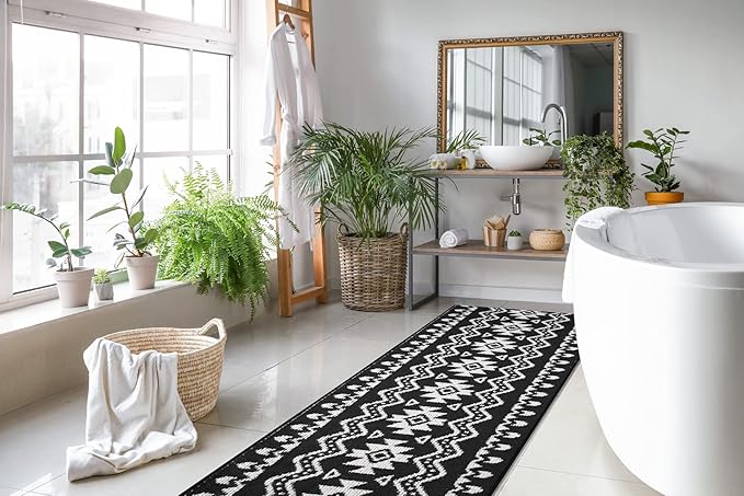 Custom Length Cut to Size Tribal Ethnic Southwestern Inspired Hallway Runner Rug, Non Slip Rubber Backed, 31 inch Wide X Customized Length, Aztec Black, 31 inch X 11 feet