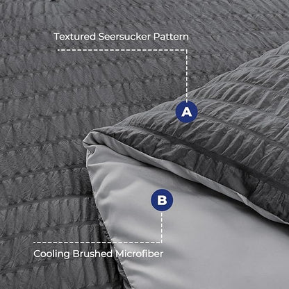 HYMOKEGE Dark Grey/Light Grey Queen Comforter Set Seersucker 7 Pieces, All Season Luxury Bed in a Bag Queen for Bedroom, Bedding Set with Comforter, Sheets, Pillowcases & Shams