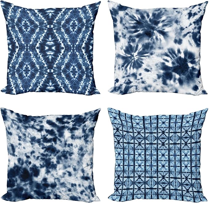 Ambesonne Ethnic Throw Pillow Cushion Case Pack of 4, Watercolor Inspired Hippie Style Tie Dye Like Print Batik Bohemian Themes, Modern Accent Double-Sided Digital Printing, 20", White Blue
