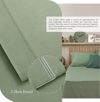 Linen Home 100% Cotton Percale Sheets King Size, Oil Green, Deep Pocket, 4 Pieces Set - 1 Flat, 1 Deep Pocket Fitted Sheet and 2 Pillowcases, Crisp Cool and Strong Bed Linen