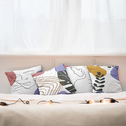 Ambesonne Minimal Throw Pillow Cushion Case Pack of 4, Modern Line Art Woman Portrait Contemporary Leafy Geometric Details, Modern Accent Double-Sided Digital Printing, 24", Lavender Amber Pale Rust