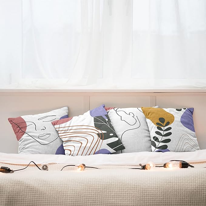 Ambesonne Minimal Throw Pillow Cushion Case Pack of 4, Modern Line Art Woman Portrait Contemporary Leafy Geometric Details, Modern Accent Double-Sided Digital Printing, 18", Lavender Amber Pale Rust
