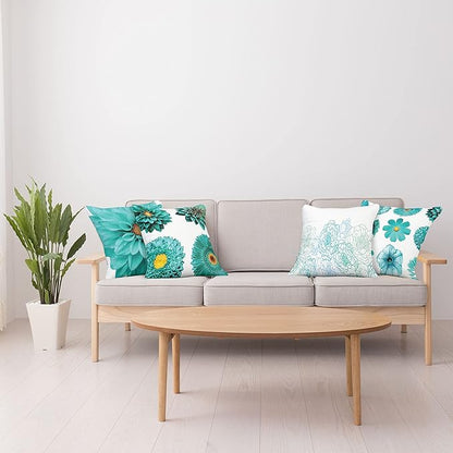 Ambesonne Floral Throw Pillow Cushion Case Pack of 4, Modern Design Flowers in Aquatic Color Palette Cold Toned Leaves Print, Modern Accent Double-Sided Digital Printing, 20", White Turquoise