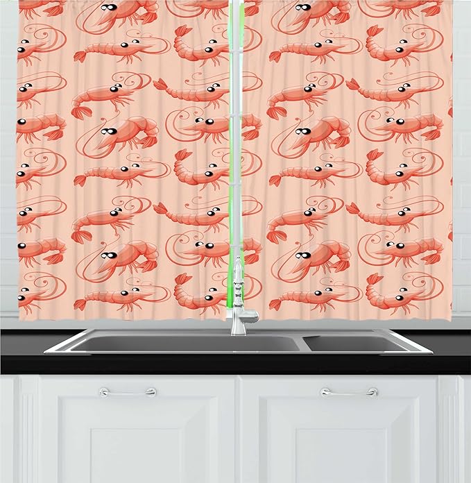 Lunarable Shrimp Kitchen Curtains, Monochrome Style Design Repetitive Shrimps Marine Nautical Pattern, Window Drapes 2 Panel Set for Kitchen Cafe Decor, 55" x 24", Pale Peach Burnt Sienna