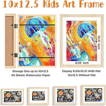 KINLINK 10x12.5 Kids Art Frames Set of 2, Solid Wood Kids Artwork Frames Changeable with Acrylic Front Opening Holds 150 Pictures, Art Frame for Kids Artwork with Mat or without Mat, Natural