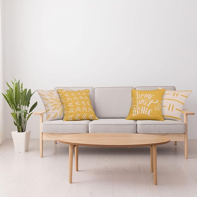 Ambesonne Modern Throw Pillow Cushion Case Pack of 4, Scandinavian Minimal Ornaments Boho Feather Leaves and Home Phrase, Modern Accent Double-Sided Digital Printing, 20", Pale Tan and Earth Yellow