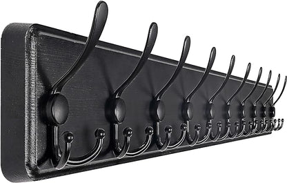 SKOLOO Coat Rack Wall Mounted - 38.3'' Long, Wooden, Heavy Duty, Rustic Coat Hooks for Wall, 16'' Hole to Hole, Wall Coat Rack with 10 Triple Hooks for Hanging Clothes, Jacket, Hat(Black)