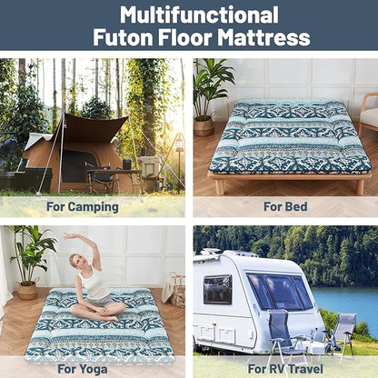 Japanese Floor Mattress, Futon Mattress with Portable Storage Bag and Washable Cover, Roll Up Thick Tatami Mat Suitable for Camping, Guest Room (Blue Striped Jacquard, Full)