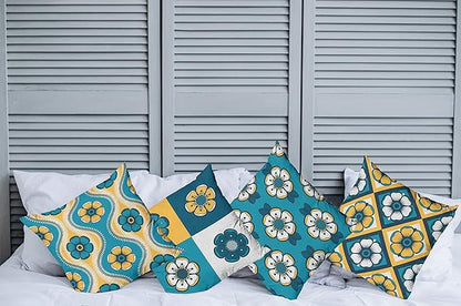Ambesonne Vintage Throw Pillow Cushion Case Pack of 4, Nostalgic Look Abstract Flowers Squares Tile Mosaic Inspired Motif, Modern Accent Double-Sided Digital Printing, 18", Petrol Blue and Pale Orange