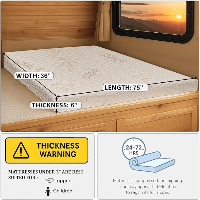 Foamma 6” x 36” x 75” Truck, Camper, RV High-Density Bunk Mattress, Organic Cotton Cover, Made in USA, Comfortable, Travel Trailer, CertiPUR-US Certified