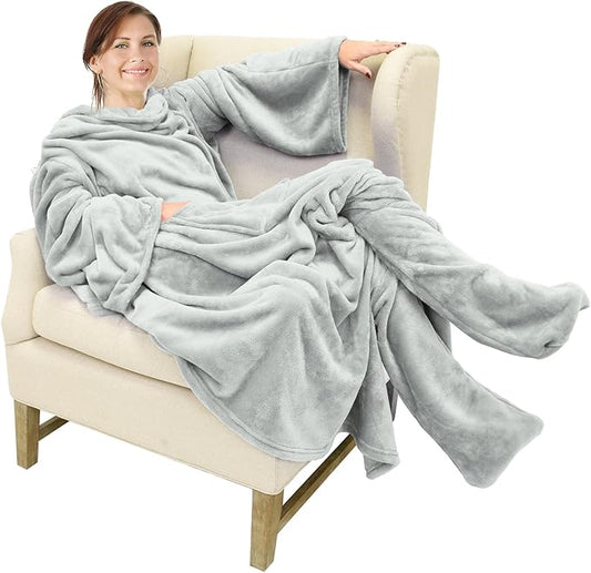 Catalonia Wearable Fleece Blanket with Sleeves and Foot Pockets for Adult Women Men, Micro Plush Comfy Wrap Sleeved Throw Blanket Robe Large, Grey
