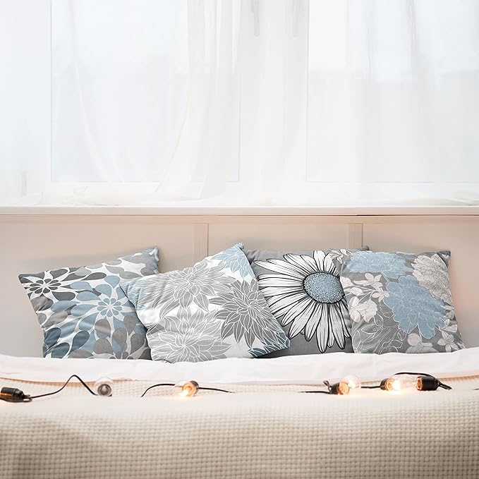Ambesonne Floral Throw Pillow Cushion Case Pack of 4, Flower Petals Modern Color Palette Chamomile Peony Dahlia and Sunflower Print, Modern Accent Double-Sided Digital Printing, 20", Baby Blue Grey