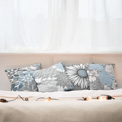 Ambesonne Floral Throw Pillow Cushion Case Pack of 4, Flower Petals Modern Color Palette Chamomile Peony Dahlia and Sunflower Print, Modern Accent Double-Sided Digital Printing, 20", Baby Blue Grey