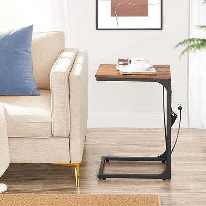 TUTOTAK C Shaped End Table with Charging Station, Side Table for Sofa, Couch with Storage Bag, Set of 2, TV Tray with 2 USB Ports and Outlets for Living Room, Bedroom, Brown TB01BB0242
