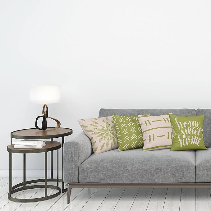 Ambesonne Modern Throw Pillow Cushion Case Pack of 4, Scandinavian Minimal Ornaments Boho Feather Leaves and Home Phrase, Modern Accent Double-Sided Digital Printing, 18", Pale Tan and Pistachio Green