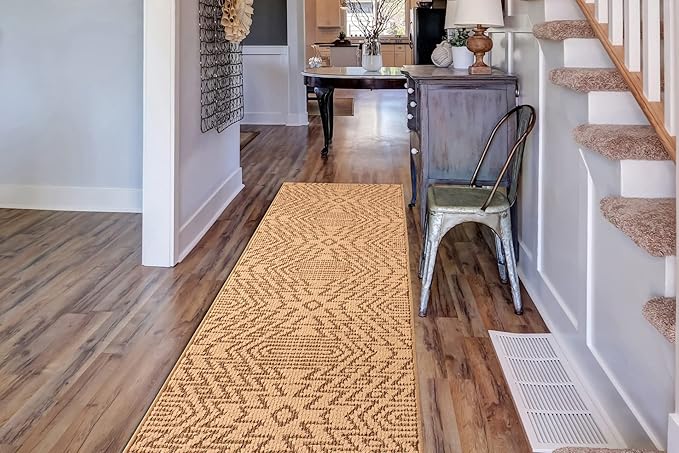 Custom Length Cut to Size Tribal Ethnic Southwestern Inspired Hallway Runner Rug, Non Slip Rubber Backed, 31 inch Wide X Customized Length, Inca Tan, 31 inch X 29 feet