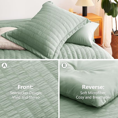 CozyLux King Size Comforter Set Sage Green Seersucker 7 Pieces Bed in a Bag King Comforter Set with Sheets, Luxury Bedding Set with Down Alternative Comforter, Sheets, Pillowcases & Shams All Seasonss