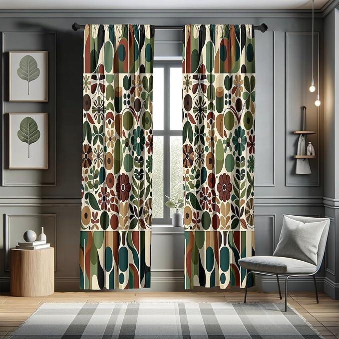 Ambesonne Scandinavian Window Curtains Pack of 2, Abstract Geometric Art of Leaves and Flowers with Bohemian Feel, Lightweight Set with Rod Pocket, 4 Panels of - 28" x 95", Olive Green Redwood Beige