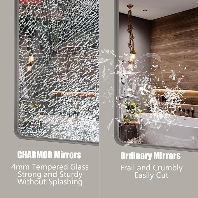 60x36 Silver Bathroom Mirrors for Vanity, Brushed Metal Silver Framed Bathroom Mirror for Wall, Modern Rectangle Mirror, Rounded Corners, Shatterproof (Horizontal/Vertical)