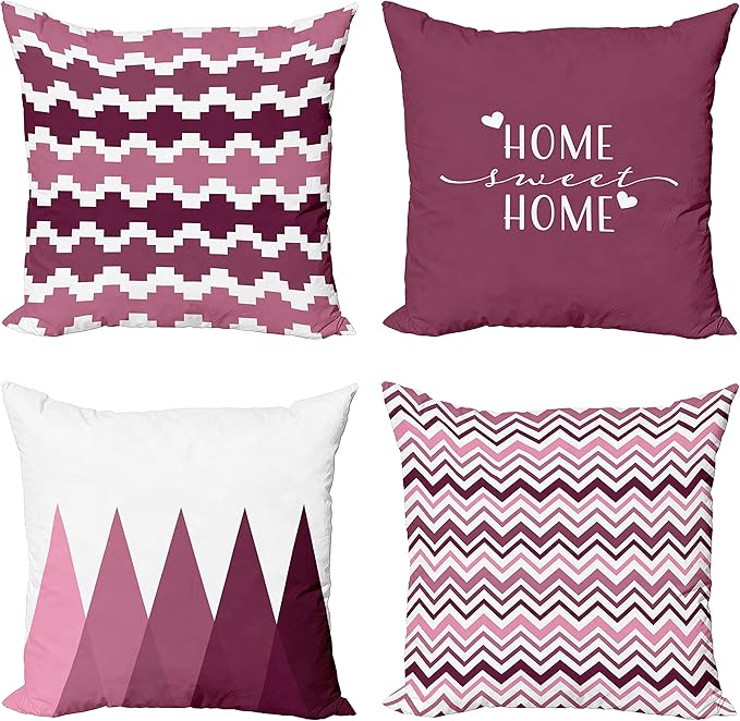 Ambesonne Modern Throw Pillow Cushion Case Pack of 4, Geometric Style Pattern of Triangles Zigzags Love Home Phrase Print, Modern Accent Double-Sided Digital Printing, 16", Dried Rose and Pale Pink