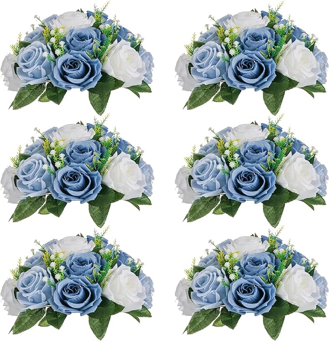 NUPTIO Flower Balls for Wedding Centerpieces - 6 Pcs 9.5 inch Diameter Fake Flower Ball Arrangement Bouquet Party Centerpieces for Tables - Dusty Blue Rose Bouquet Centerpiece Flowers for Table