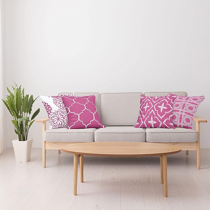 Ambesonne Vintage Throw Pillow Cushion Case Pack of 4, Monochrome Design Grid Trellis Quatrefoil Mesh and Dahlia Flowers Modern Print, Modern Accent Double-Sided Digital Printing, 24", Pink and White