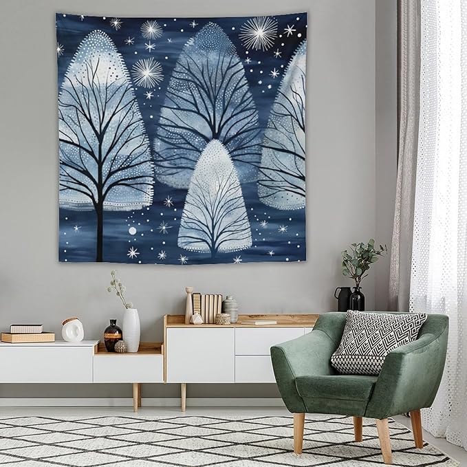 Tapestries Trendy Blue Silver Glitter Tree Christmas Tapestry Xmas Rustic Winter Holiday Tapestry for Bedroom Aesthetic Wall Hanging for Bedroom Living Room Dorm 60"x60" Christmas Family Party
