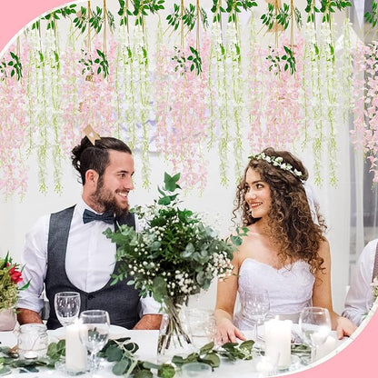 Giegxin 36 Pcs Artificial Wisteria Hanging Flowers 3.6 ft Artificial Fake Wisteria Vine Rattan Hanging Garland Silk Flowers String for Wall Home Wedding Party Greenery Decorations (Pink,White)