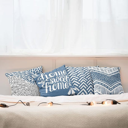 Ambesonne Geometric Throw Pillow Cushion Case Pack of 4, Home Phrase Minimal Zigzag Squama Dahlia Flower Petals Chevron Tribal, Modern Accent Double-Sided Digital Printing, 24", Slate Blue and White
