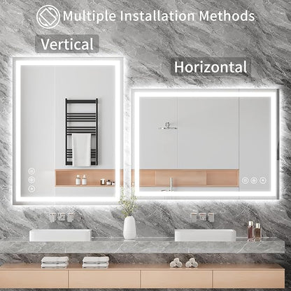Koonmi 36x48 LED Bathroom Mirror, Backlit + Front Lit, LED Bathroom Mirror with Lights for Wall, 3 Colors, Anti-Fog, Dimmable Brightness, Memory Function, Tempered Glass