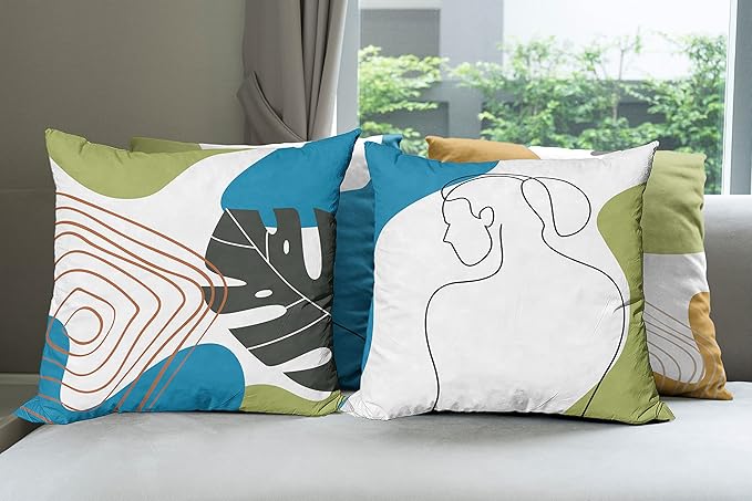 Ambesonne Minimal Throw Pillow Cushion Case Pack of 4, Modern Line Art Woman Portrait with Contemporary Leafy Geometric Details, Modern Accent Double-Sided Digital Printing, 24", Blue Green Marigold