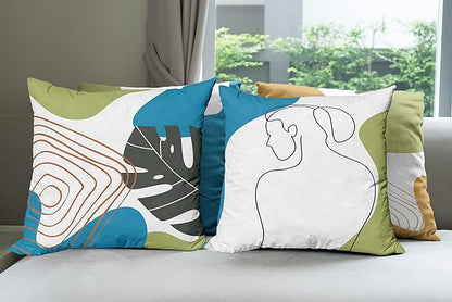 Ambesonne Minimal Throw Pillow Cushion Case Pack of 4, Modern Line Art Woman Portrait with Contemporary Leafy Geometric Details, Modern Accent Double-Sided Digital Printing, 24", Blue Green Marigold
