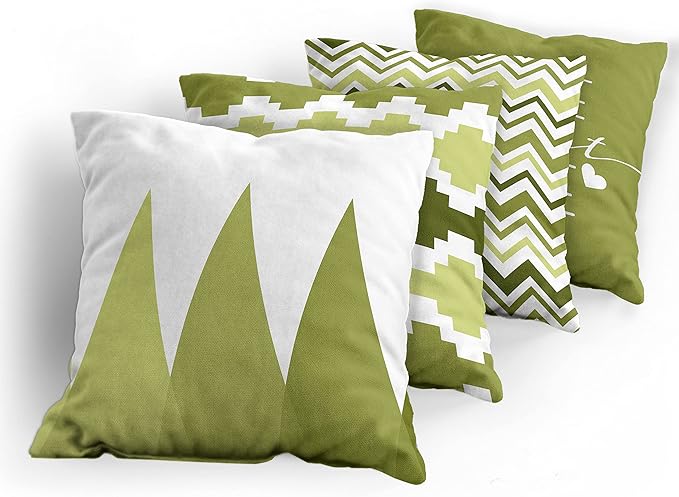 Ambesonne Modern Throw Pillow Cushion Case Pack of 4, Geometric Style Pattern of Triangles Zigzags Love Home Phrase Design, Modern Accent Double-Sided Digital Printing, 18", Olive Green and White