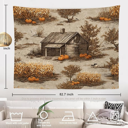 Batmerry Vintage Harvest Tapestry, Cabin In Pumpkin Field Wall Art Hanging Decoration Polyester Fiber White Ruffled Around for Dorm Room Bedroom Living Room, 59.1x82.7 inches