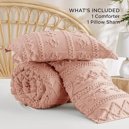Bedsure Tufted Boho Comforter Set Twin Size - Pink Boho Bed Set, GentleSoft™ 2 Pieces Farmhouse Shabby Chic Embroidery Bedding, Gifts for Woman, Soft Jacquard Twin Comforter for All Seasons