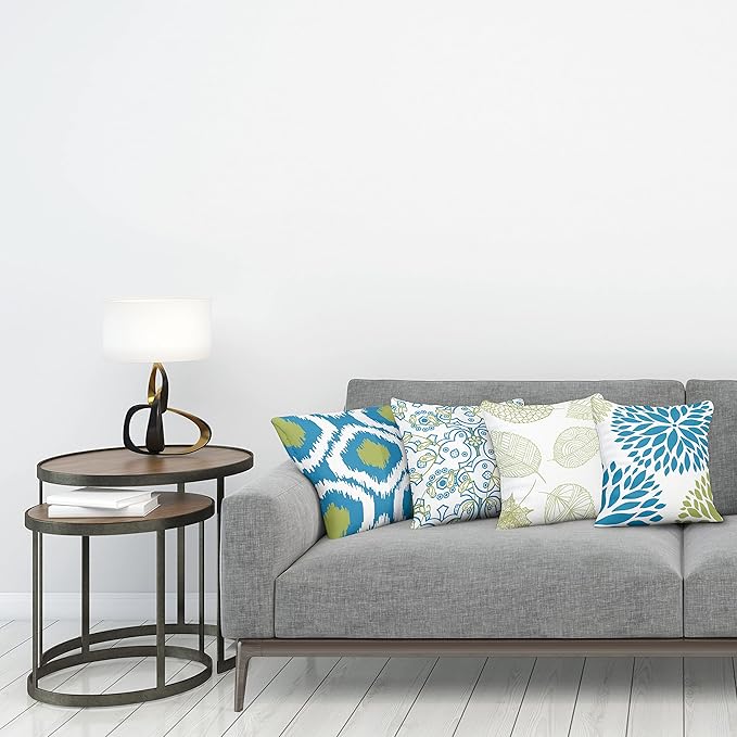 Ambesonne Vintage Throw Pillow Cushion Case Pack of 4, Bohemian Ornamental Leaves Dahlia Pattern Geometric Art Curlicue Motif, Modern Accent Double-Sided Digital Printing, 16", Blue Olive Green White
