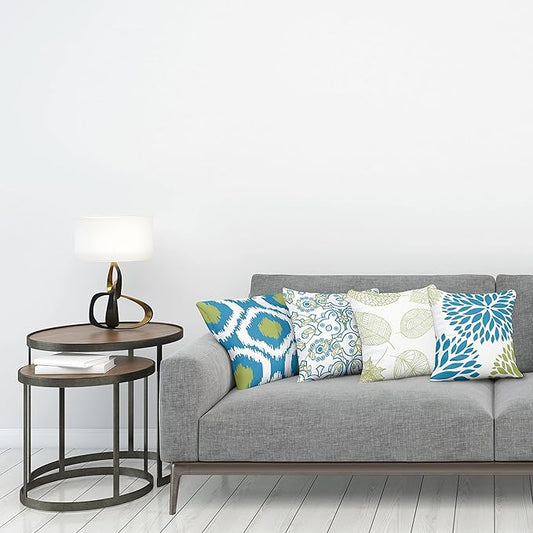 Ambesonne Vintage Throw Pillow Cushion Case Pack of 4, Bohemian Ornamental Leaves Dahlia Pattern Geometric Art Curlicue Motif, Modern Accent Double-Sided Digital Printing, 16", Blue Olive Green White